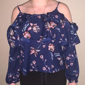 FREE SHIPPING Navy Blue Floral Ruffle Long Sleeve Blouse